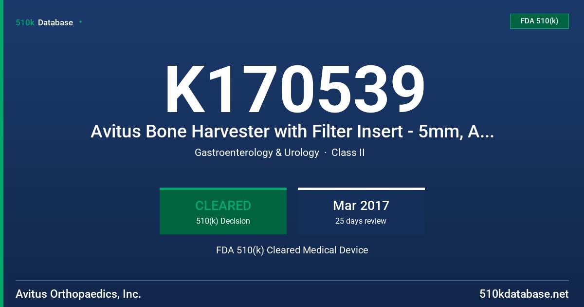 K170539 Avitus Bone Harvester with Filter Insert - 5mm, Avitus Bone Harvester - 5mm, Avitus Bone Harvester with Filter Insert - 8mm, Avitus Filter Insert - 8mm, Avitus Filter Insert - 5mm FDA 510(k) Cleared Medical Device
