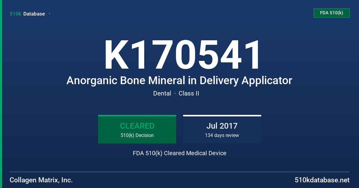 K170541 Anorganic Bone Mineral in Delivery Applicator FDA 510(k) Cleared Medical Device