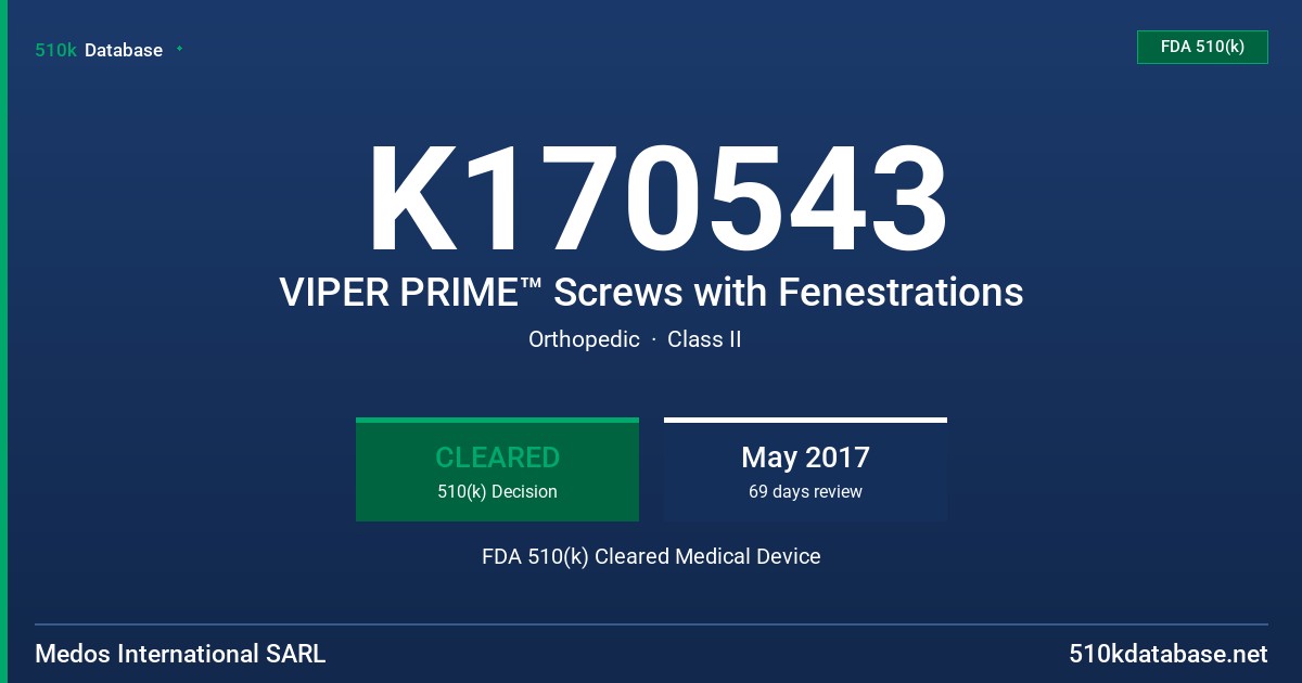 K170543 VIPER PRIME™ Screws with Fenestrations FDA 510(k) Cleared Medical Device
