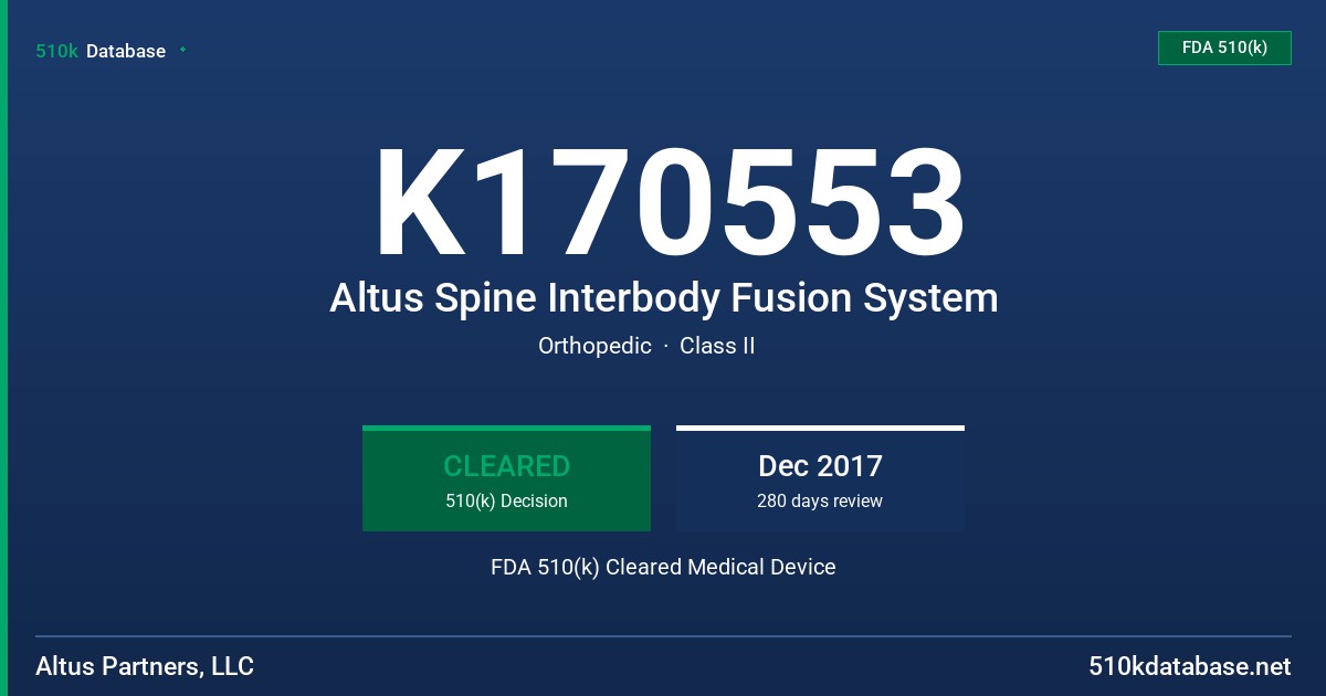 K170553 Altus Spine Interbody Fusion System FDA 510(k) Cleared Medical Device