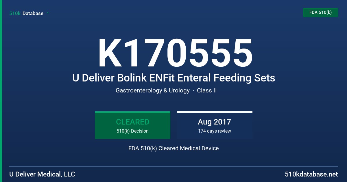 K170555 U Deliver Bolink ENFit Enteral Feeding Sets FDA 510(k) Cleared Medical Device