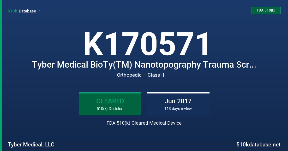 K170571 Tyber Medical BioTy(TM) Nanotopography Trauma Screw, TyFix Screw FDA 510(k) Cleared Medical Device