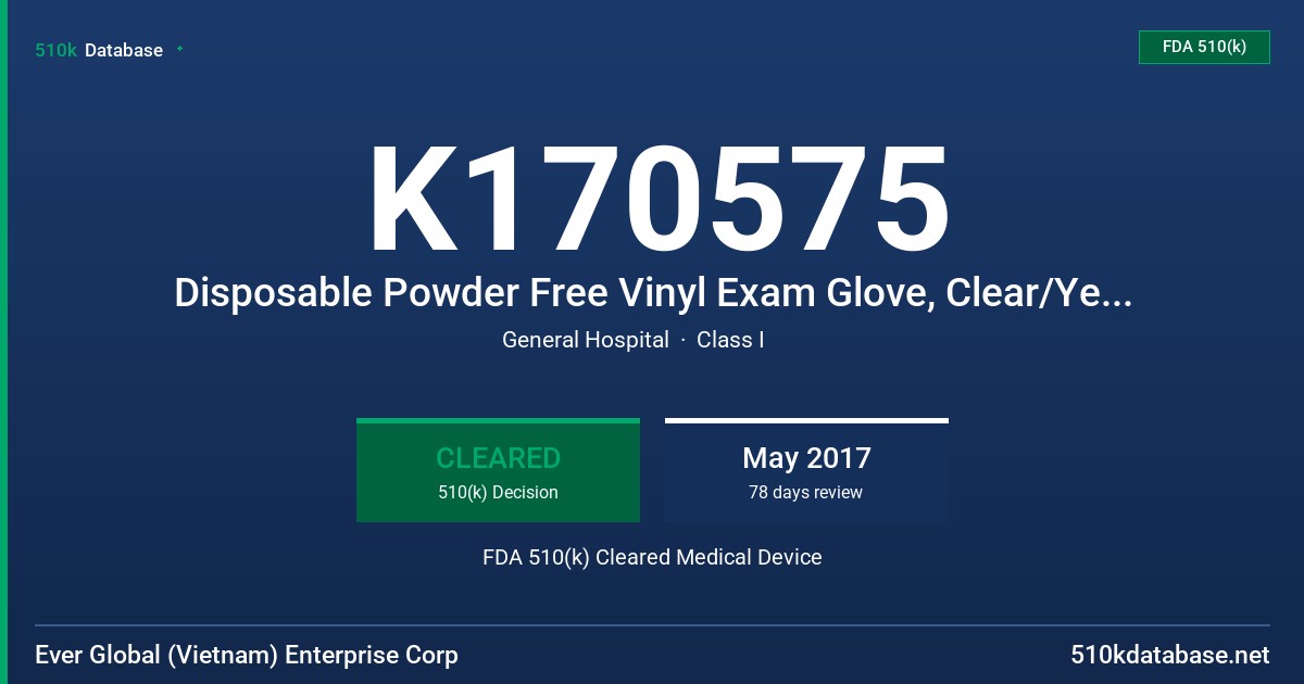 K170575 Disposable Powder Free Vinyl Exam Glove, Clear/Yellow FDA 510(k) Cleared Medical Device