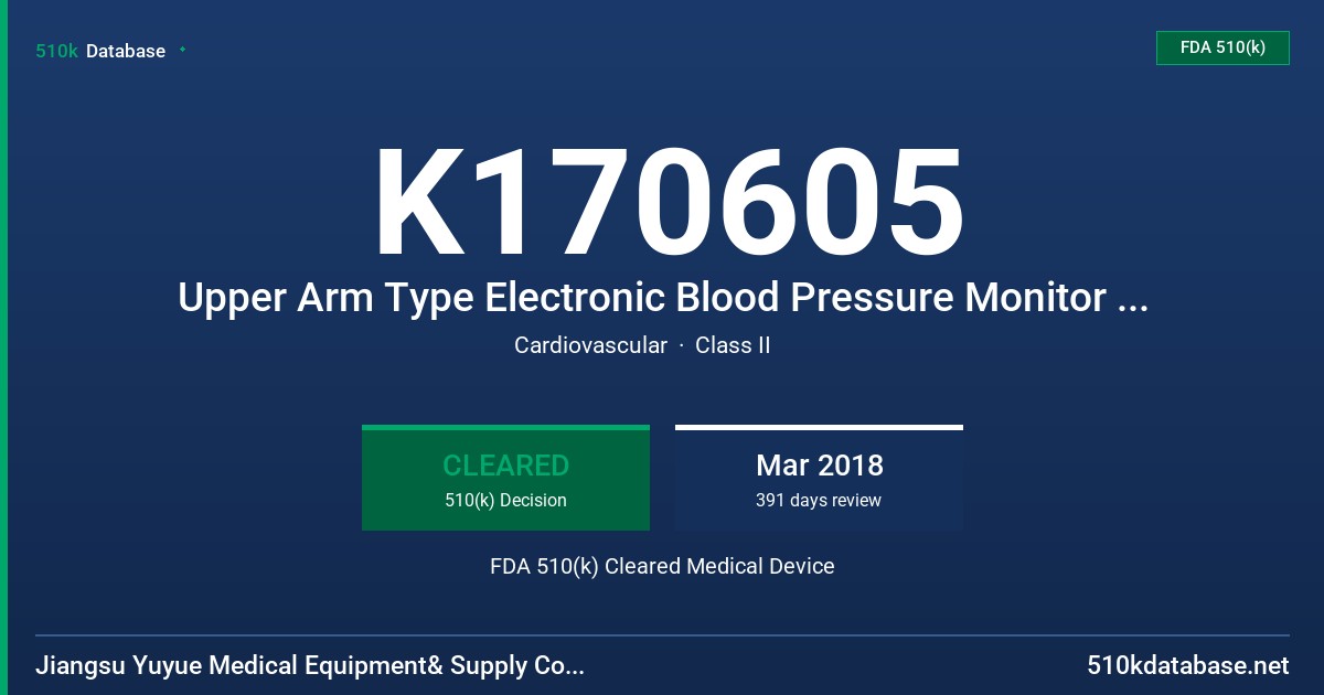 K170605 Upper Arm Type Electronic Blood Pressure Monitor Series, Electronic Blood Pressure Monitor: YE650A, YE650D, YE660B, YE670A and YE670D FDA 510(k) Cleared Medical Device