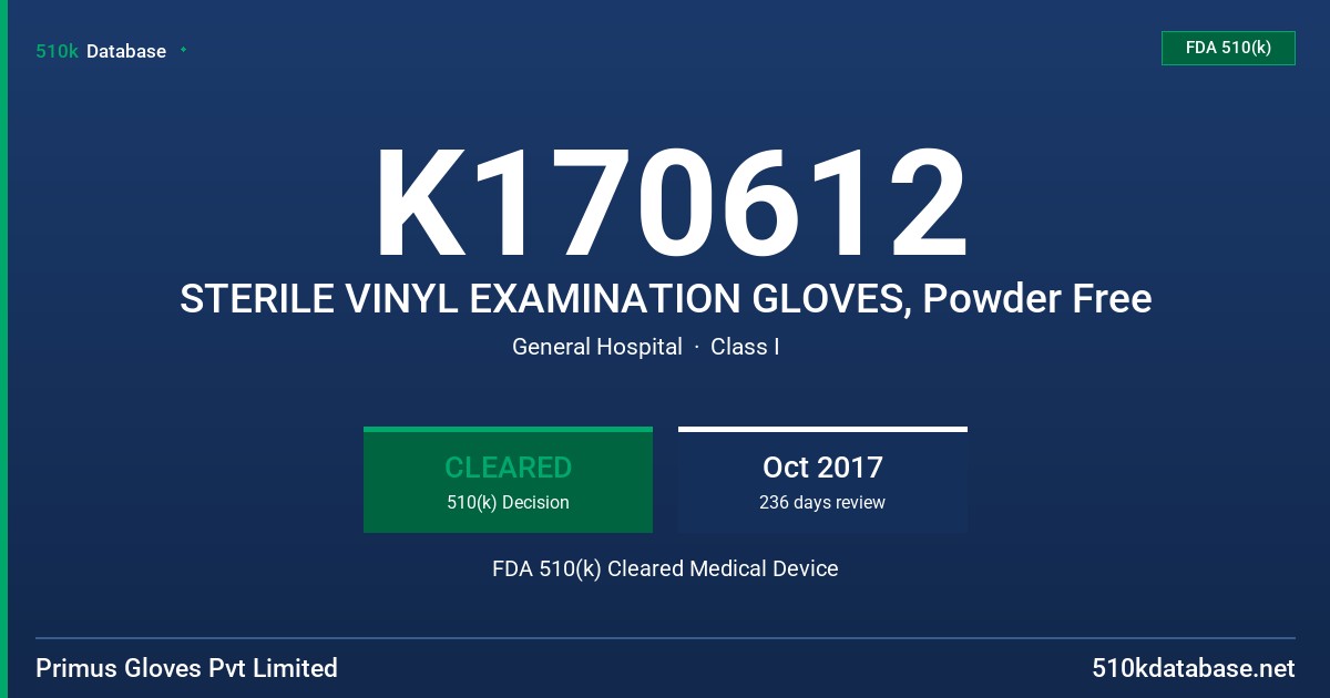 K170612 STERILE VINYL EXAMINATION GLOVES, Powder Free FDA 510(k) Cleared Medical Device