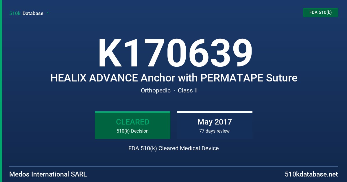 K170639 HEALIX ADVANCE Anchor with PERMATAPE Suture FDA 510(k) Cleared Medical Device