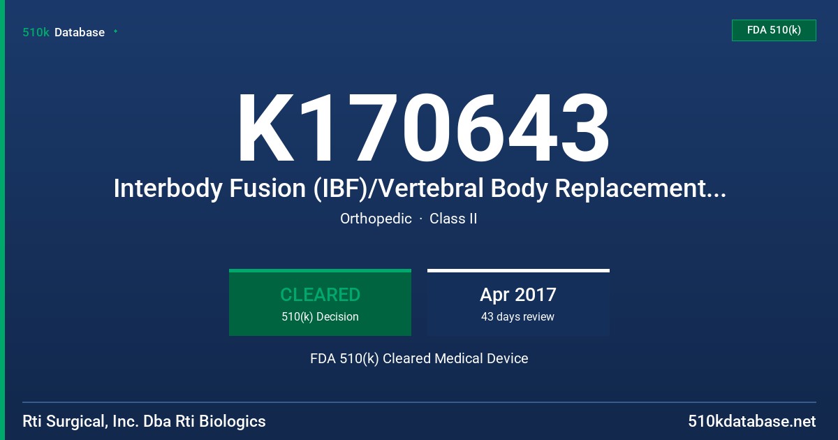 K170643 Interbody Fusion (IBF)/Vertebral Body Replacement (VBR) System FDA 510(k) Cleared Medical Device