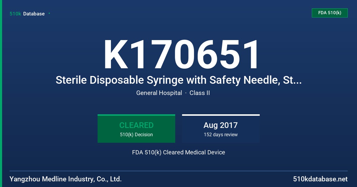 K170651 Sterile Disposable Syringe with Safety Needle, Sterile Disposable Syringe with Needle, Sterile Disposable Syringe, Sterile Disposable Safety Needle, Sterile Disposable Needle FDA 510(k) Cleared Medical Device