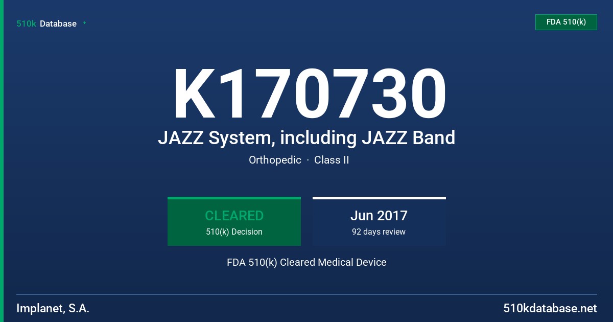 K170730 JAZZ System, including JAZZ Band FDA 510(k) Cleared Medical Device