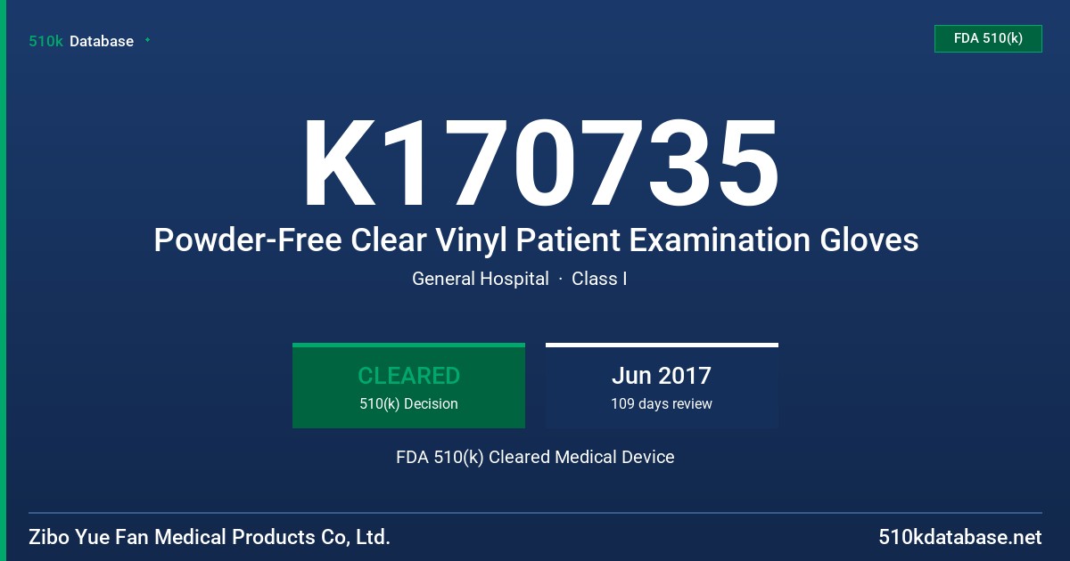 K170735 Powder-Free Clear Vinyl Patient Examination Gloves FDA 510(k) Cleared Medical Device