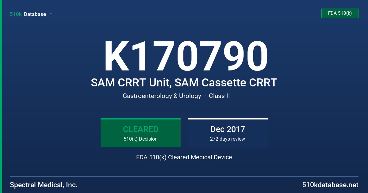 K170790 SAM CRRT Unit, SAM Cassette CRRT FDA 510(k) Cleared Medical Device