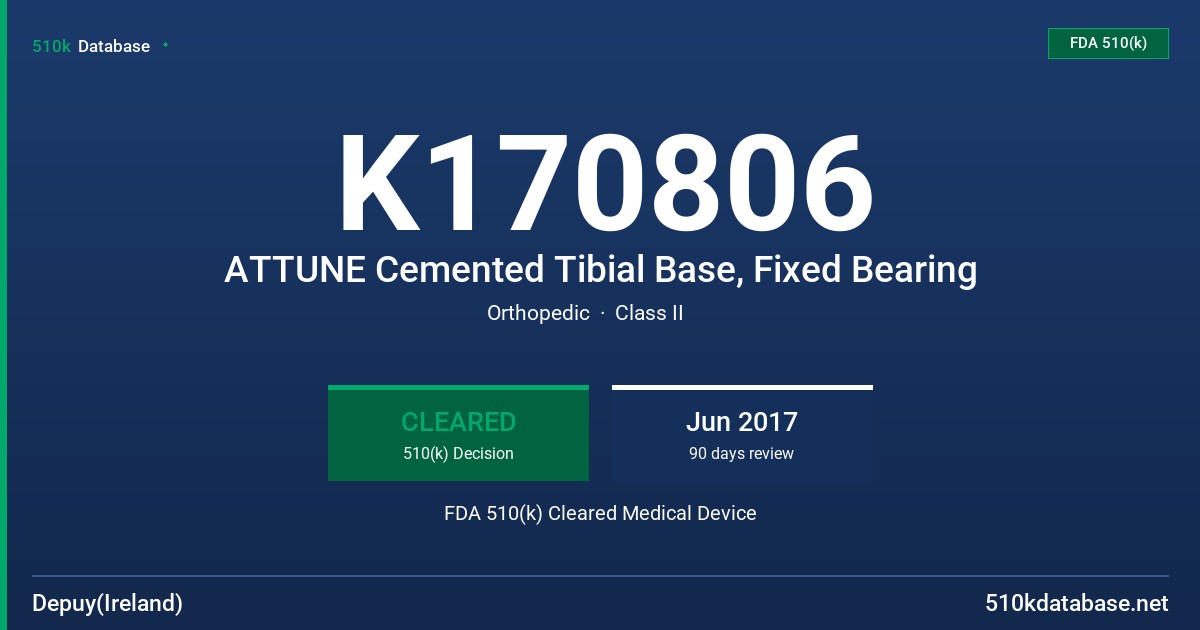 K170806 ATTUNE Cemented Tibial Base, Fixed Bearing FDA 510(k) Cleared Medical Device