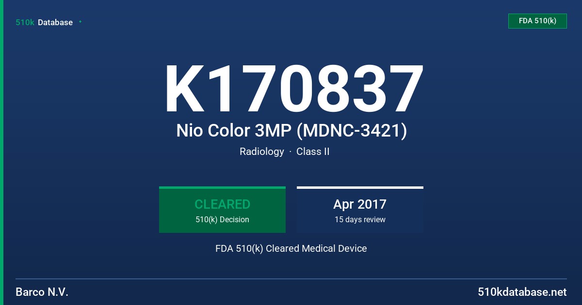 K170837 Nio Color 3MP (MDNC-3421) FDA 510(k) Cleared Medical Device