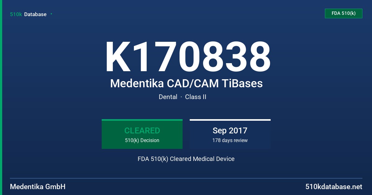 K170838 Medentika CAD/CAM TiBases FDA 510(k) Cleared Medical Device