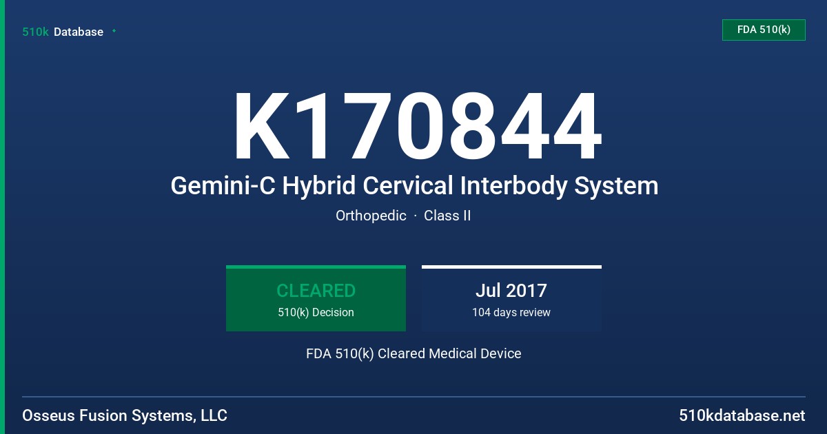 K170844 Gemini-C Hybrid Cervical Interbody System FDA 510(k) Cleared Medical Device