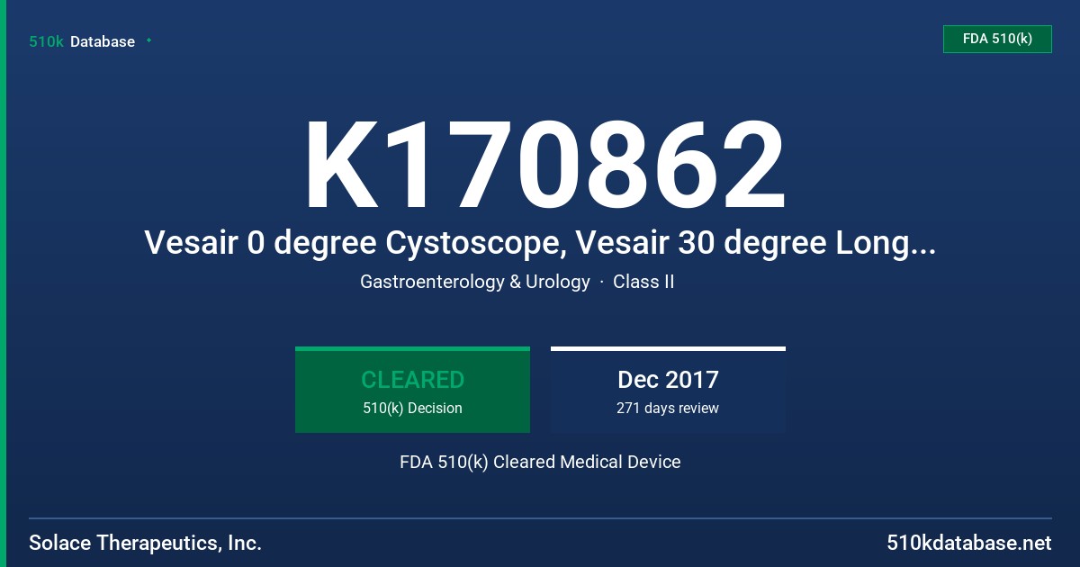 K170862 Vesair 0 degree Cystoscope, Vesair 30 degree Long Cystoscope, Vesair 70 degree Long Cystoscope,Vesair 30 degree Cystoscope,Vesair 70 degree Cystoscope FDA 510(k) Cleared Medical Device