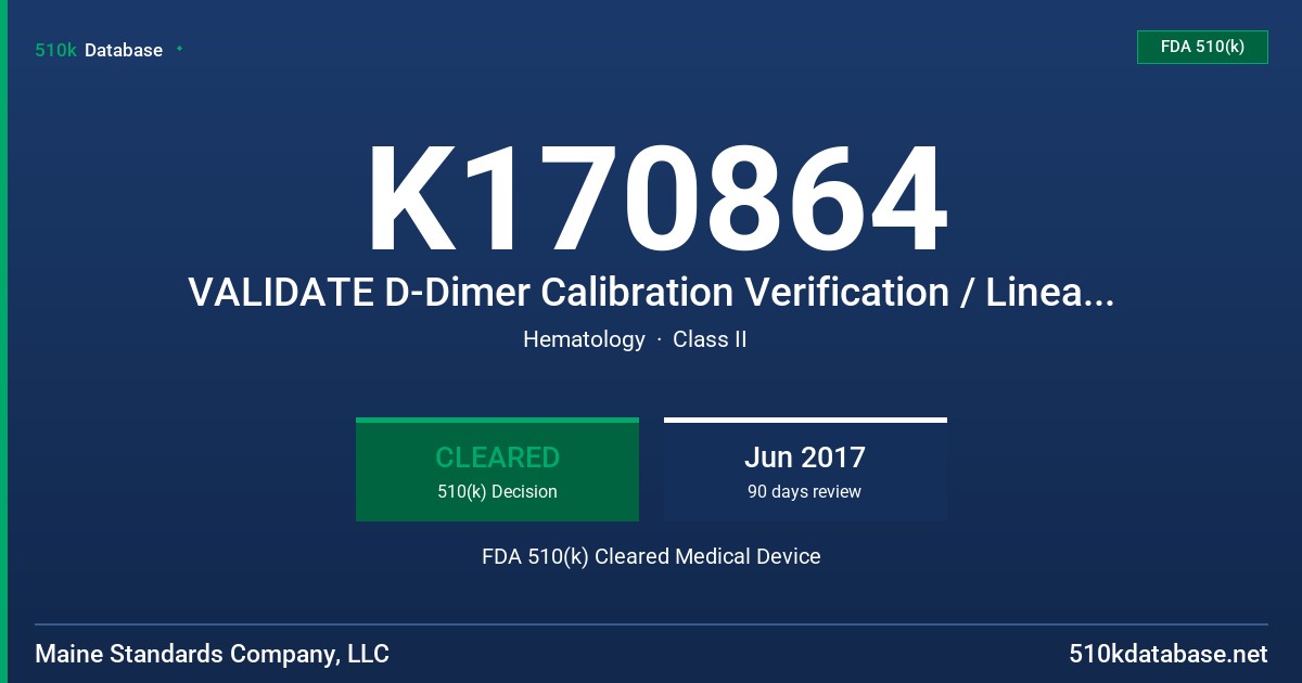 K170864 VALIDATE D-Dimer Calibration Verification / Linearity Test Kit FDA 510(k) Cleared Medical Device