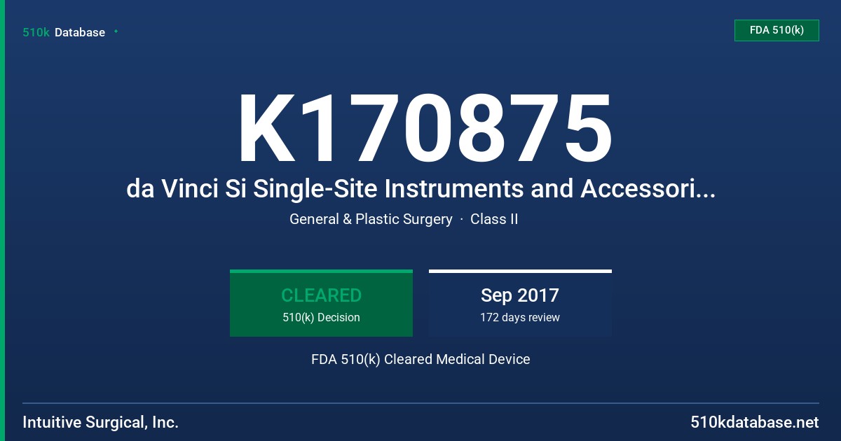 K170875 da Vinci Si Single-Site Instruments and Accessories, da Vinci Xi Single-Site Instruments and Accessories FDA 510(k) Cleared Medical Device