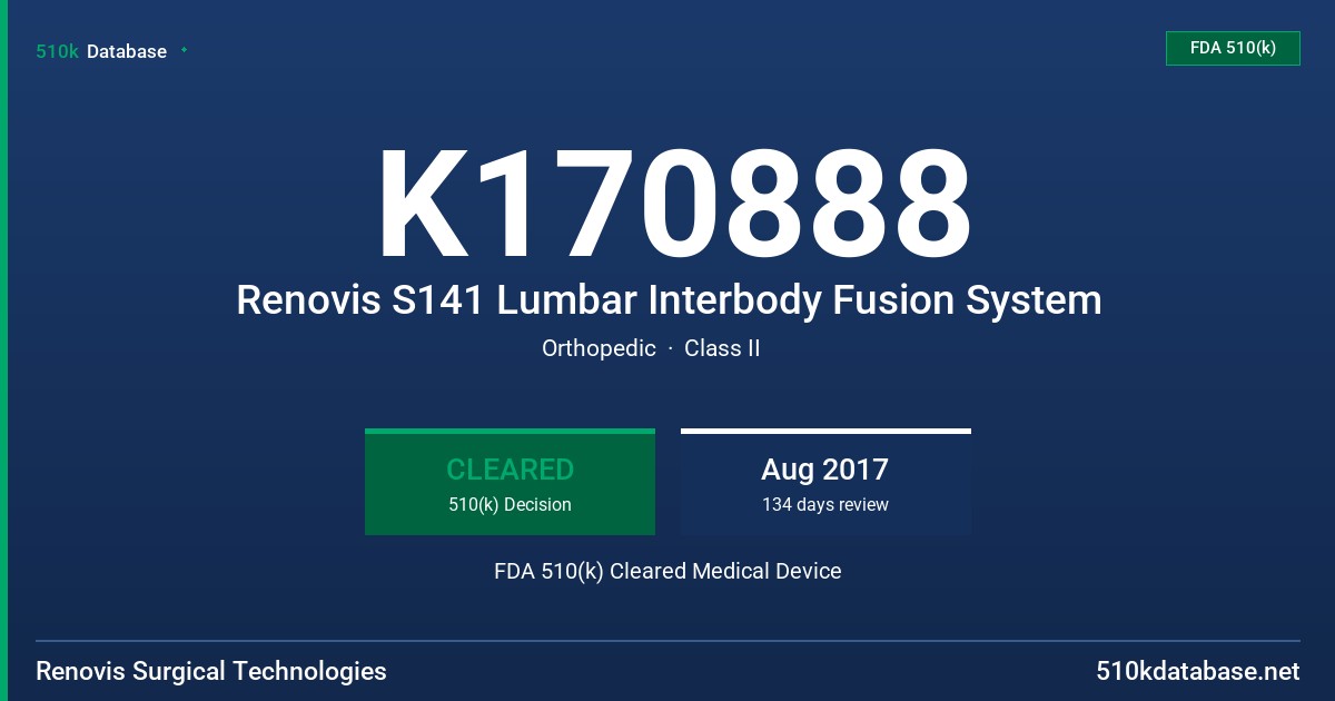 K170888 Renovis S141 Lumbar Interbody Fusion System FDA 510(k) Cleared Medical Device