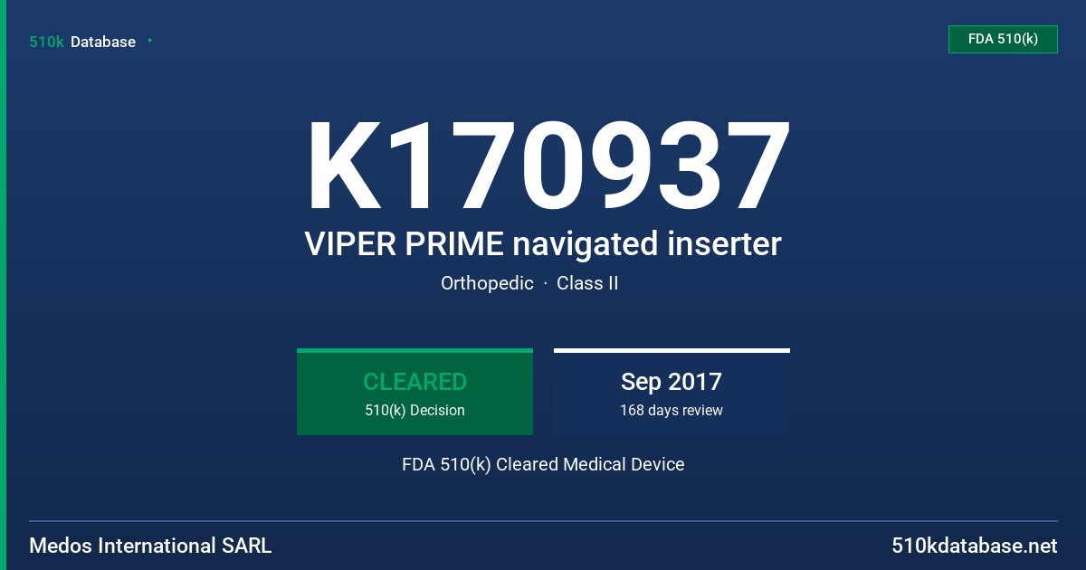 K170937 VIPER PRIME navigated inserter FDA 510(k) Cleared Medical Device