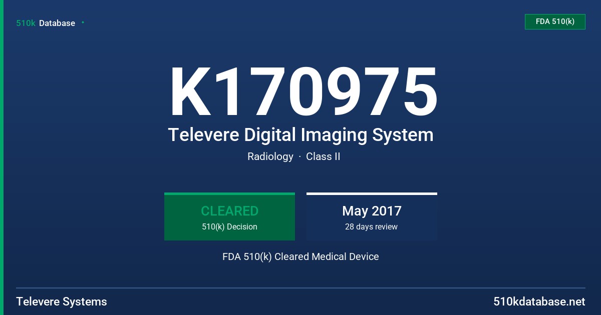 K170975 Televere Digital Imaging System FDA 510(k) Cleared Medical Device