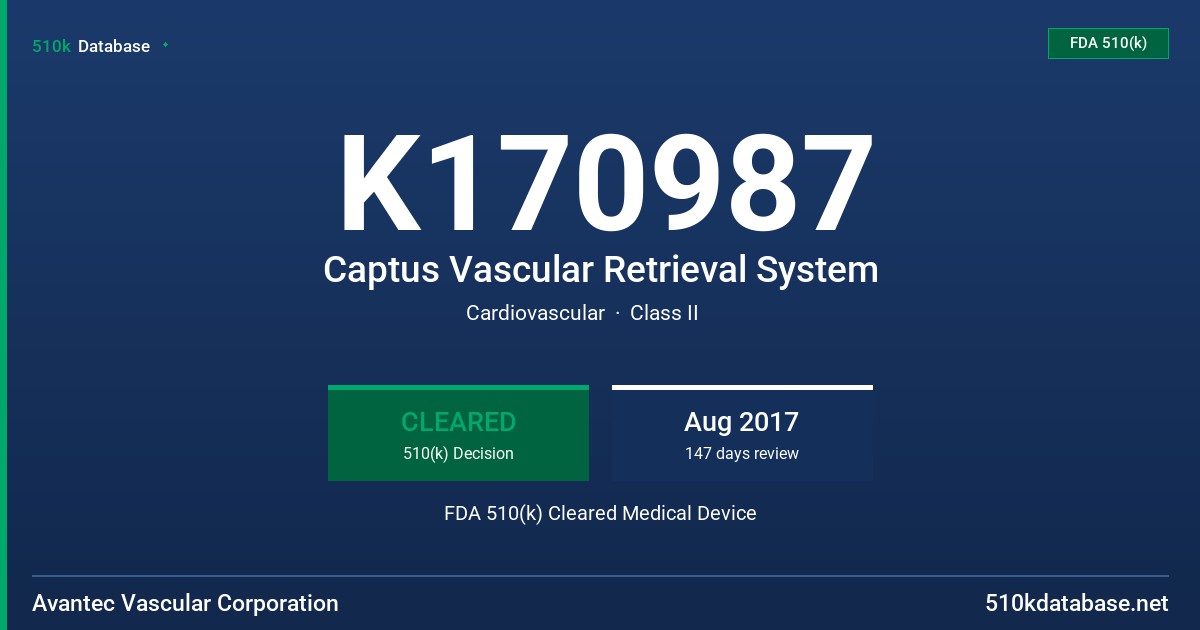 K170987 Captus Vascular Retrieval System FDA 510(k) Cleared Medical Device