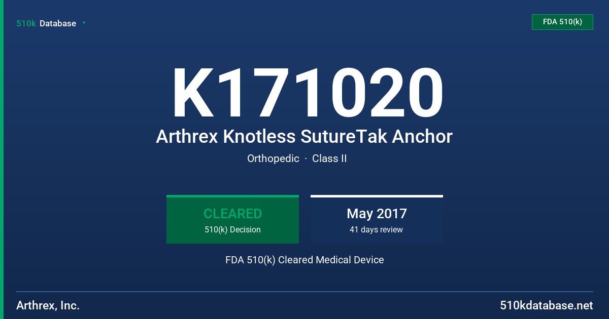 K171020 Arthrex Knotless SutureTak Anchor FDA 510(k) Cleared Medical Device