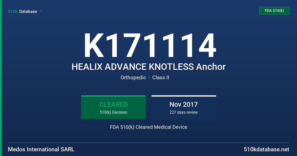 K171114 HEALIX ADVANCE KNOTLESS Anchor FDA 510(k) Cleared Medical Device