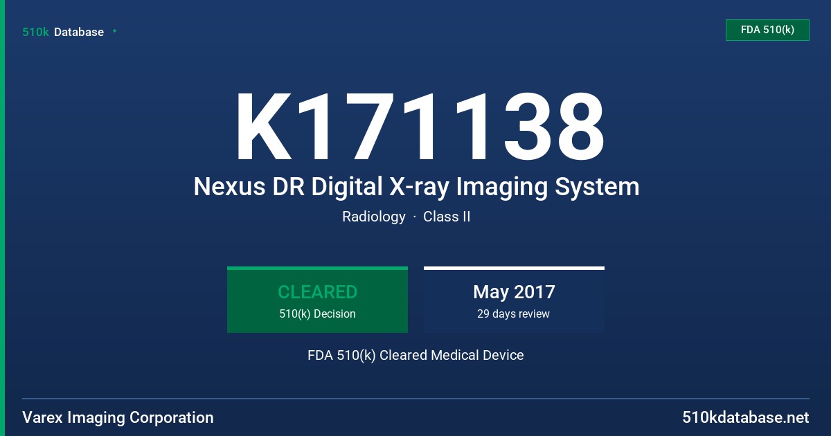 K171138 Nexus DR Digital X-ray Imaging System FDA 510(k) Cleared Medical Device
