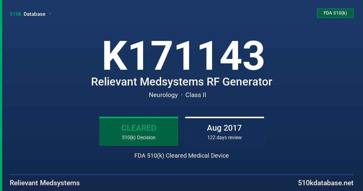 K171143 Relievant Medsystems RF Generator FDA 510(k) Cleared Medical Device