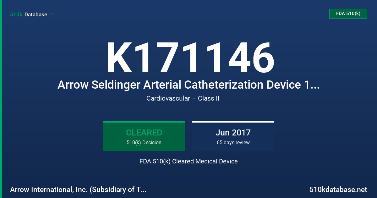 K171146 Arrow Seldinger Arterial Catheterization Device 18 ga., Arrow Seldinger Arterial Catheterization Device 20 ga., Arrow Seldinger Arterial Catheterization Device 22 ga., Arrow Seldinger Arterial Catheterization Device 24 ga. FDA 510(k) Cleared Medical Device