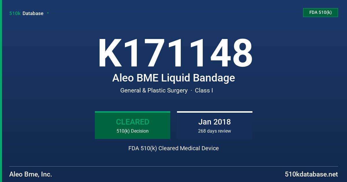 K171148 Aleo BME Liquid Bandage FDA 510(k) Cleared Medical Device