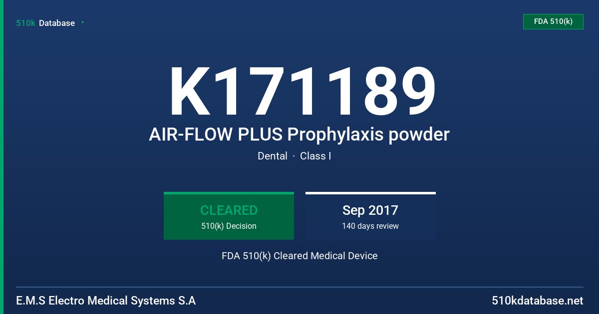 K171189 AIR-FLOW PLUS Prophylaxis powder FDA 510(k) Cleared Medical Device