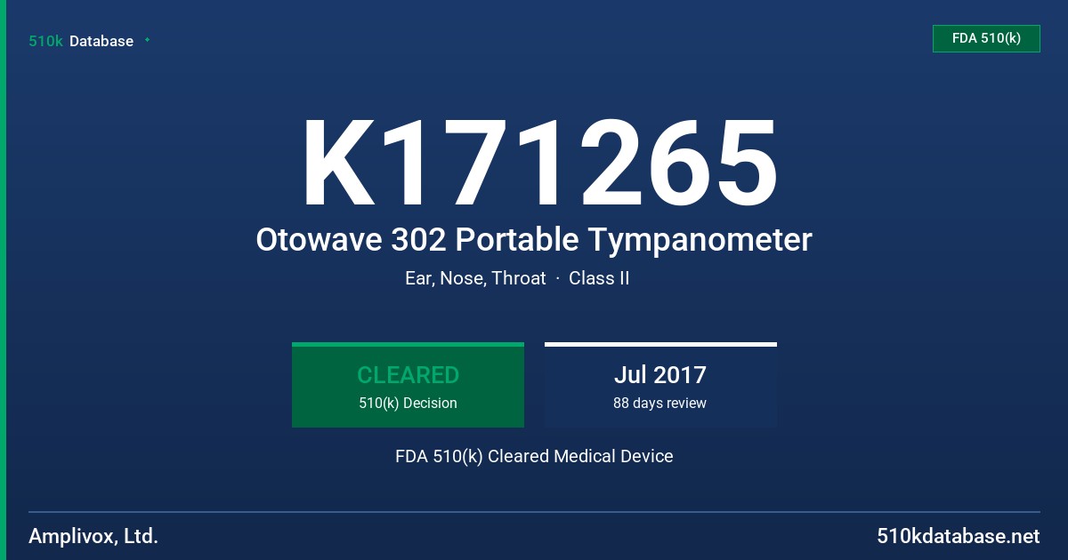 K171265 Otowave 302 Portable Tympanometer FDA 510(k) Cleared Medical Device