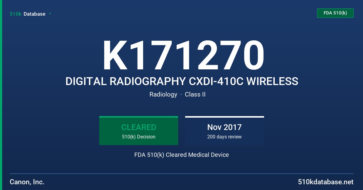 K171270 DIGITAL RADIOGRAPHY CXDI-410C WIRELESS FDA 510(k) Cleared Medical Device