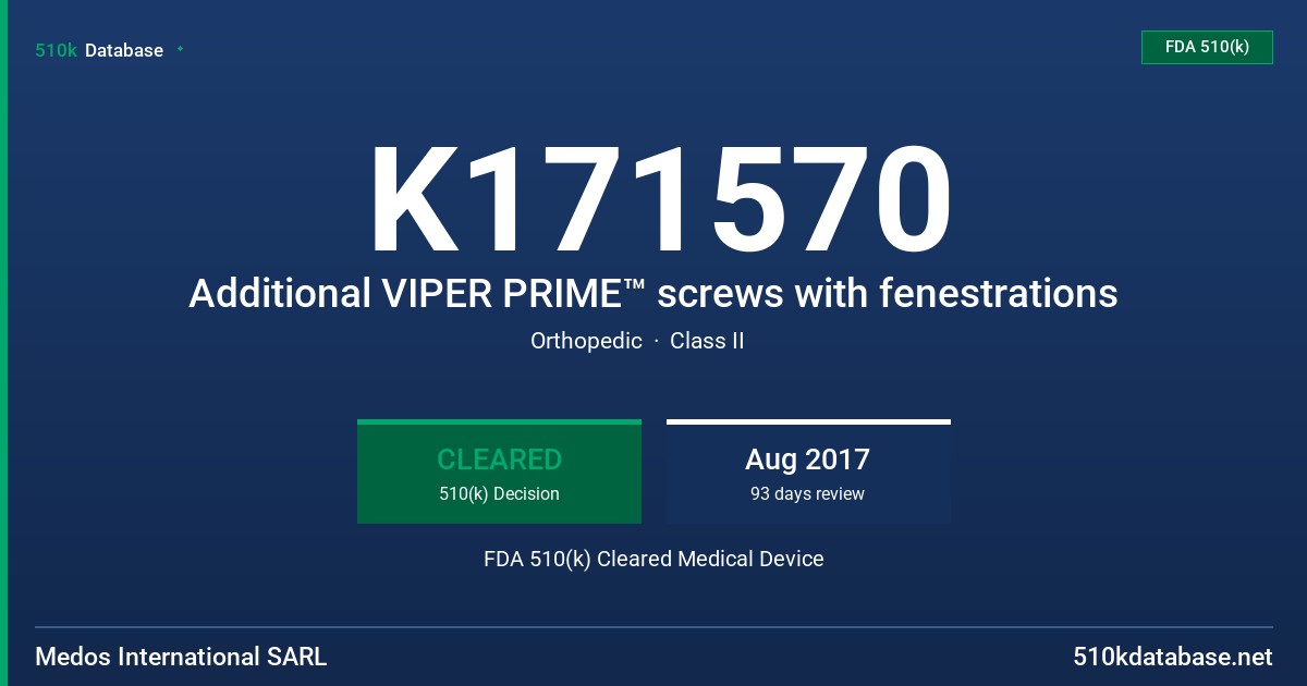 K171570 Additional VIPER PRIME™ screws with fenestrations FDA 510(k) Cleared Medical Device
