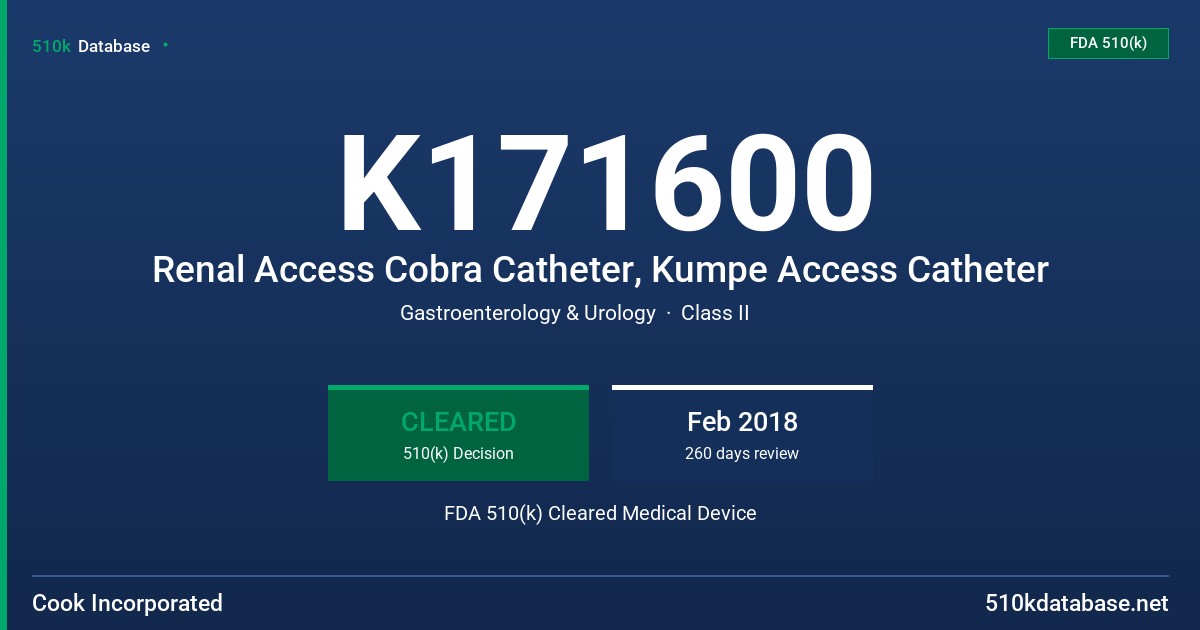 K171600 Renal Access Cobra Catheter, Kumpe Access Catheter FDA 510(k) Cleared Medical Device