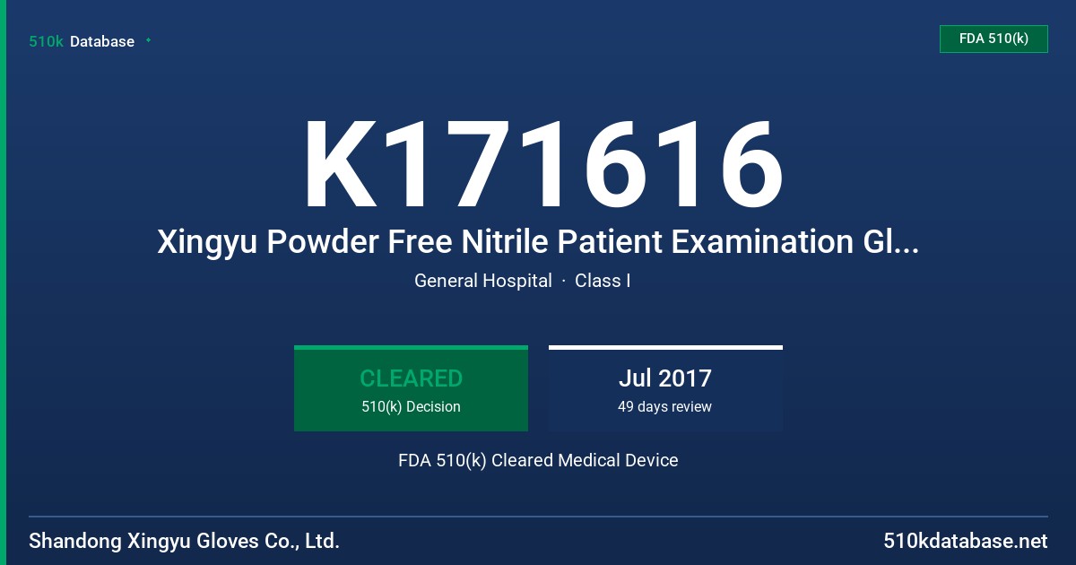 K171616 Xingyu Powder Free Nitrile Patient Examination Gloves, Blue color FDA 510(k) Cleared Medical Device
