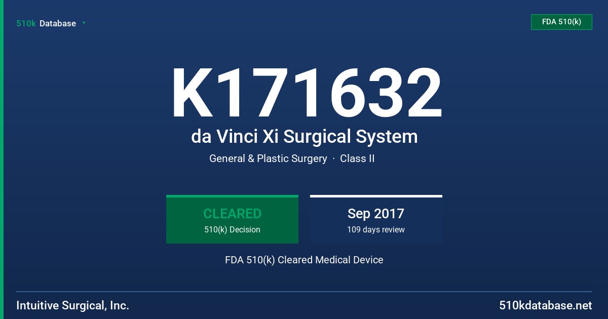 K171632 da Vinci Xi Surgical System FDA 510(k) Cleared Medical Device