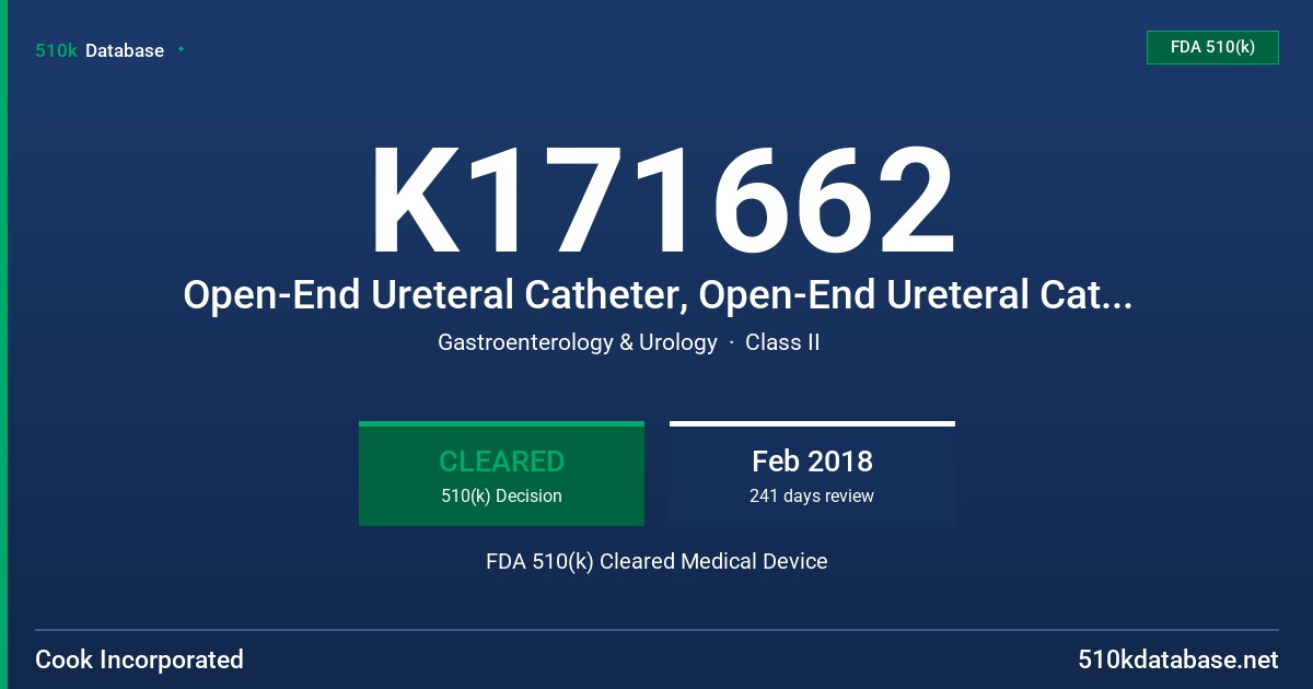 K171662 Open-End Ureteral Catheter, Open-End Ureteral Catheter Sof-Flex, EchoTip Open-End Ureteral Catheter, Open-End Flexi-Tip Ureteral Catheter, Flexi-Tip Ureteral Catheter (Closed End), Whistle Tip Ureteral Catheter, Round Tip Ureteral Catheter, Spiral Tip Ureteral Access Catheter, Pediatric Ureteral Catheter FDA 510(k) Cleared Medical Device