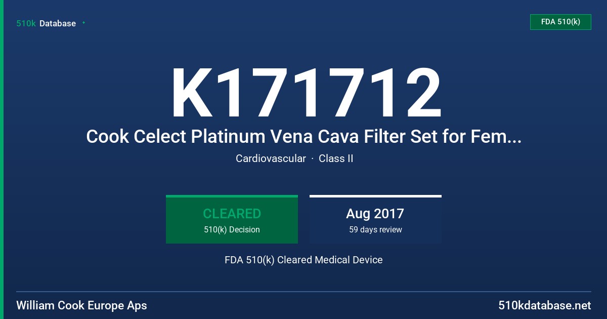 K171712 Cook Celect Platinum Vena Cava Filter Set for Femoral Vein Approach, Cook Celect Platinum Vena Cava Filter Set for Jugular Vein Approach, Cook Celect Platinum Vena Cava Filter Set for Femoral and Jugular Vein Approach FDA 510(k) Cleared Medical Device