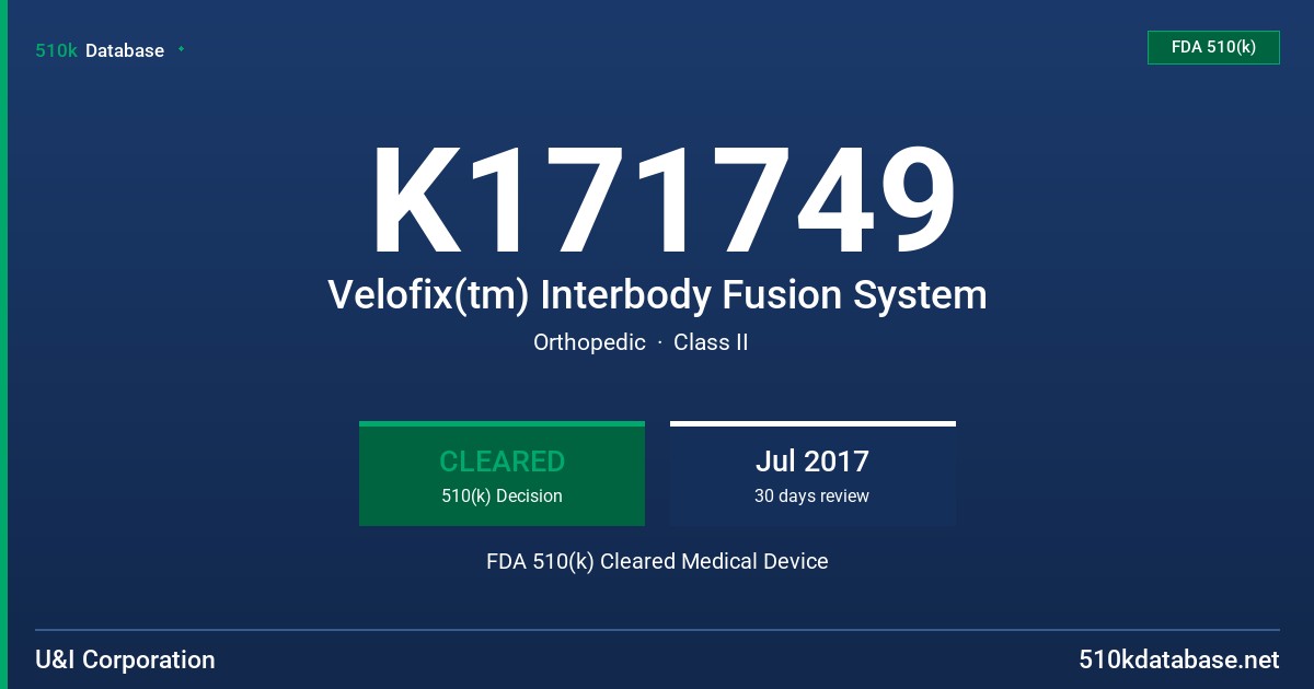 K171749 Velofix(tm) Interbody Fusion System FDA 510(k) Cleared Medical Device