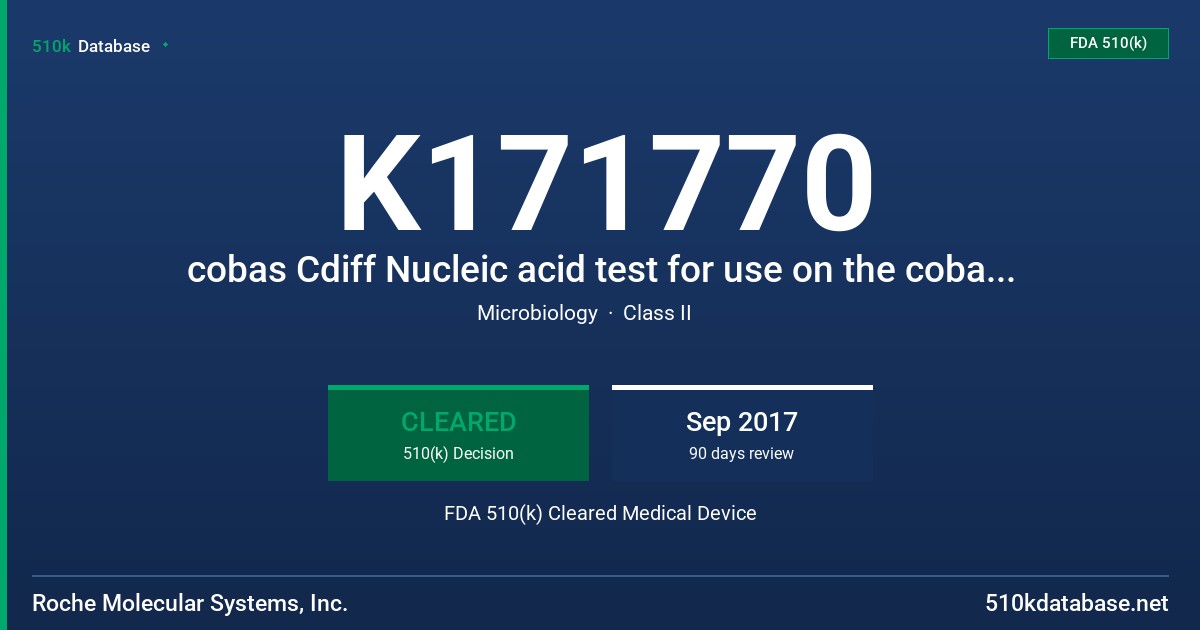 K171770 cobas Cdiff Nucleic acid test for use on the cobas Liat System FDA 510(k) Cleared Medical Device
