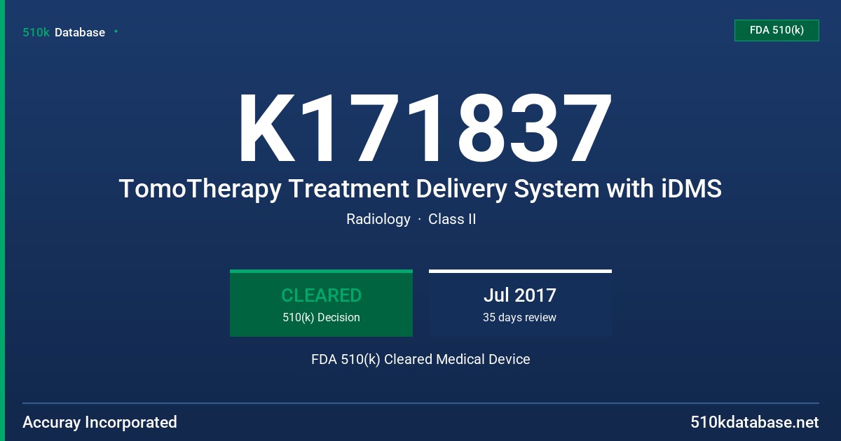 K171837 TomoTherapy Treatment Delivery System with iDMS FDA 510(k) Cleared Medical Device