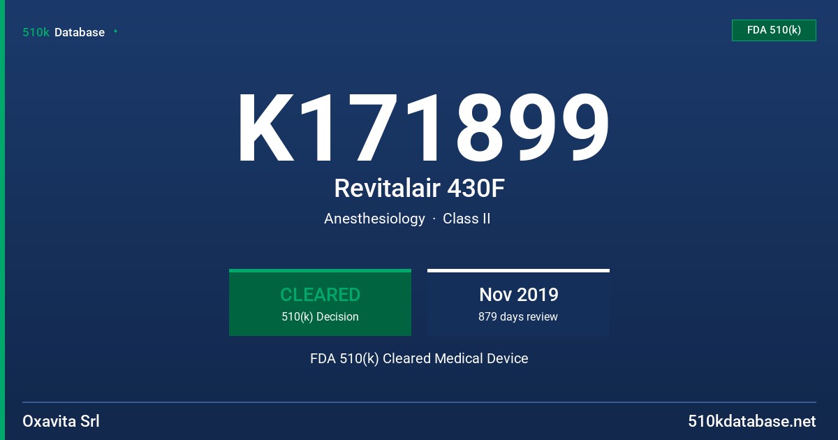 K171899 Revitalair 430F FDA 510(k) Cleared Medical Device