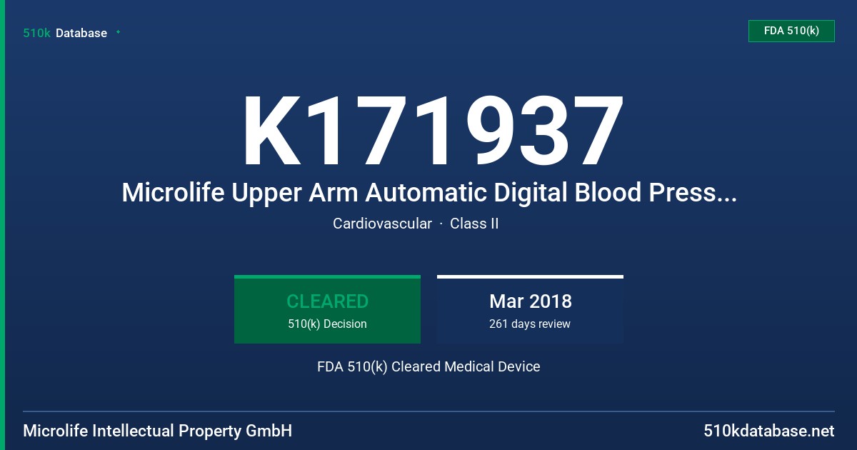 K171937 Microlife Upper Arm Automatic Digital Blood Pressure Monitor FDA 510(k) Cleared Medical Device