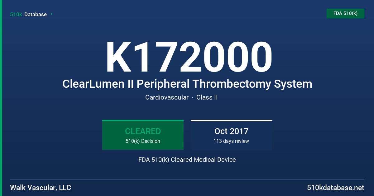 K172000 ClearLumen II Peripheral Thrombectomy System FDA 510(k) Cleared Medical Device
