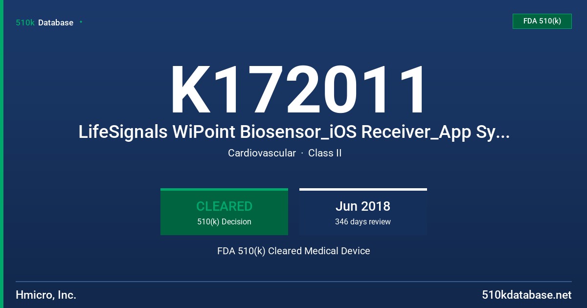 K172011 LifeSignals WiPoint Biosensor_iOS Receiver_App System (LifeSignals WiPatch & WiApp System) FDA 510(k) Cleared Medical Device