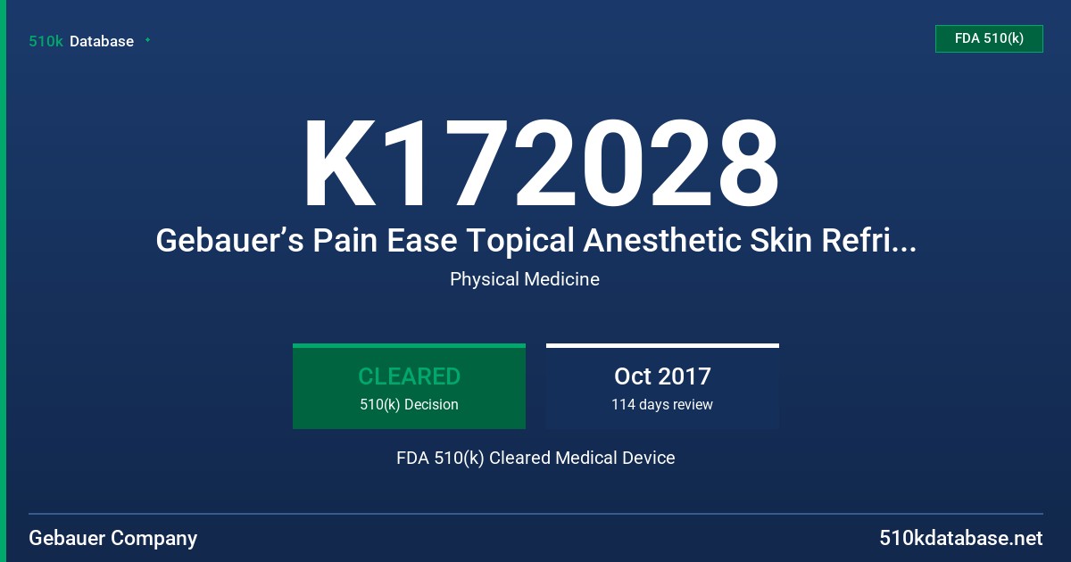K172028 Gebauer’s Pain Ease Topical Anesthetic Skin Refrigerant (Mist Spray and Medium Spray) FDA 510(k) Cleared Medical Device