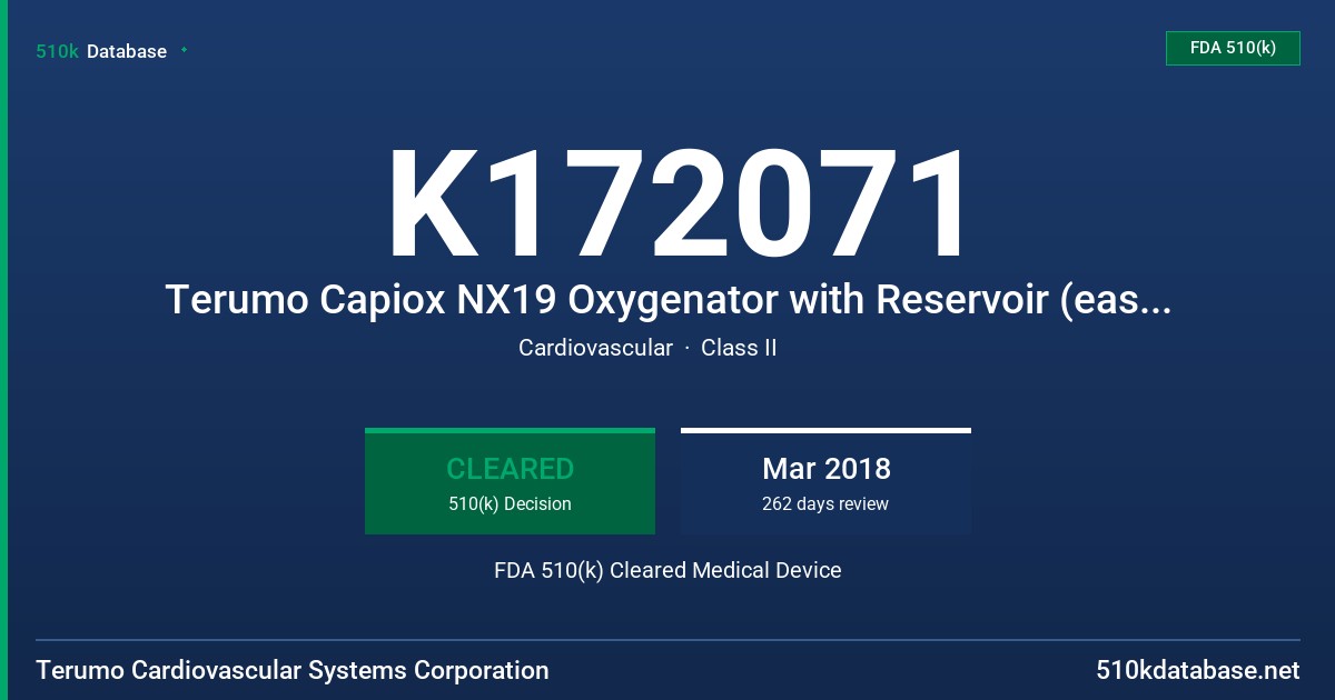 K172071 Terumo Capiox NX19 Oxygenator with Reservoir (east orientation ), Terumo  Capiox NX19 Oxygenator with Reservoir (west orientation ), Terumo Capiox NX19 Oxygenator (east orientation ), Terumo  Capiox  NX19 Oxygenator (west orientation) FDA 510(k) Cleared Medical Device